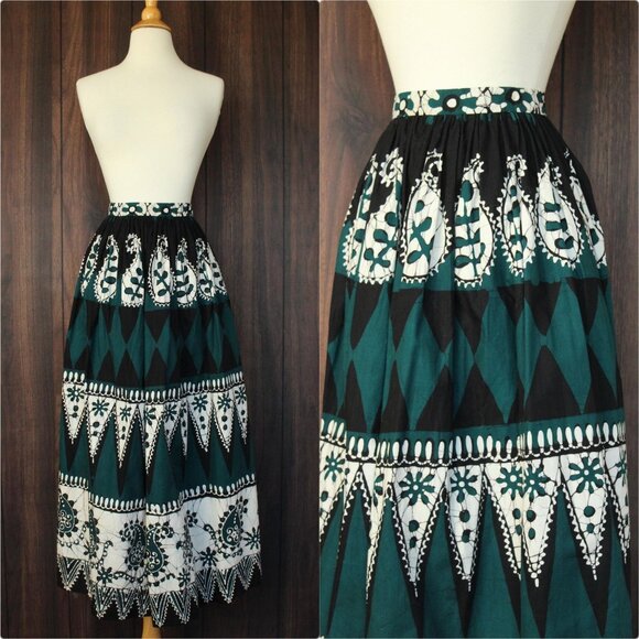 vintage Dresses & Skirts - Vintage 1960s 1970s Skirt, Black Teal and White Maxiskirt, Batik Print,